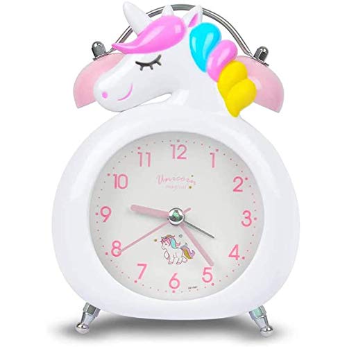 Geneic Reloj despertador para niños,reloj despertador para niños, reloj silencioso con luz nocturna,reloj de mesa para niños,reloj despertador de cabecera,reloj de campana doble para niñas (blanco)