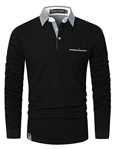 GHYUGR Polo Hombre Manga Larga Camiseta Deporte Clásico Elegante Cuadros Cuello T-Shirt,Negro,L