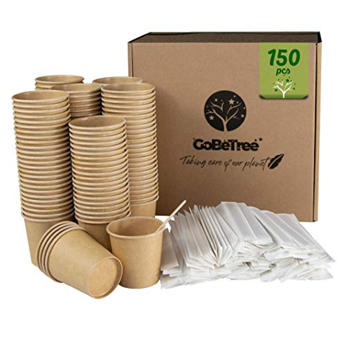 GoBeTree 150 Vasos de café Desechables Kraft con PLA para café expreso de 120 ml con agitadores de Madera en Funda de Papel para café de 11 cm