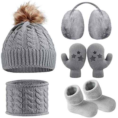 Gorro Bufanda de Invierno de Bebé Orejeras Mitones Calcetines de Niños Pequeños, Conjunto Caliente de Invierno de Bebé 5 Piezas (Gris)