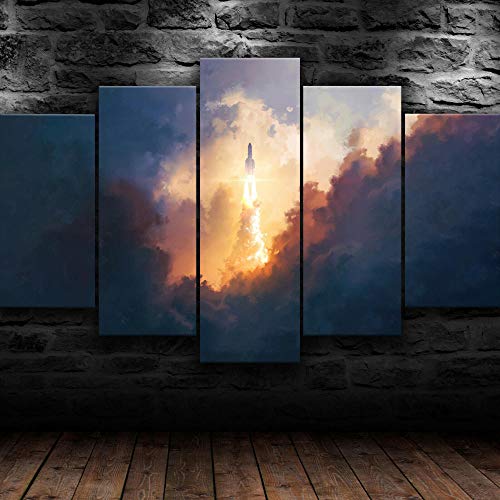 GSDFSD Nave Espacial Sky Rocket Impresión de 5 Piezas Material Tejido no Tejido Impresión Artística Imagen Gráfica Decoracion de Pared Abstracto Oriente Cuadros Modernos Imagen