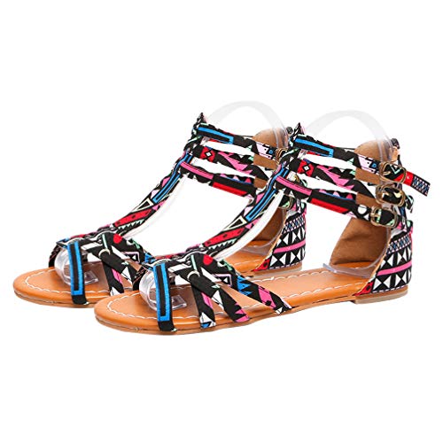 Happyyami 1 par de Sandalias Planas Bohemias Sandalias de Verano Estilo Étnico Sandalias de PU Zapatos de Mujer para El Hogar Playa Exterior Tamaño Negro 39