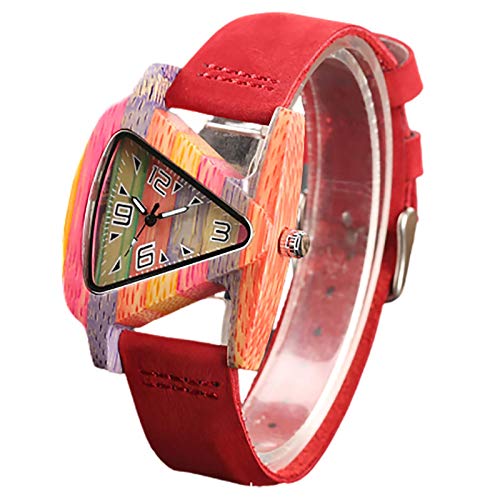 Hengqiyuan Reloj Madera Color Madera, Relojes Madera Reloj Madera Colorido Único Creativo Triángulo Forma Dial Hora Reloj Pulsera Cuero Cuarzo Las Mujeres,Rojo