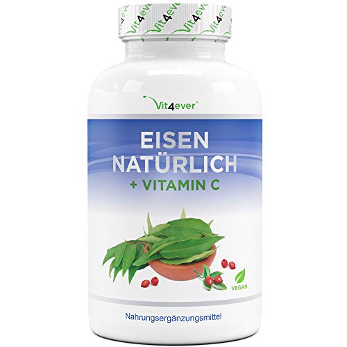 Hierro natural + Vitamina C de extracto de hoja de curry y extracto de rosa mosqueta - 180 cápsulas - 28 mg de hierro puro y 160 mg de vitamina C por ración diaria - Vegano