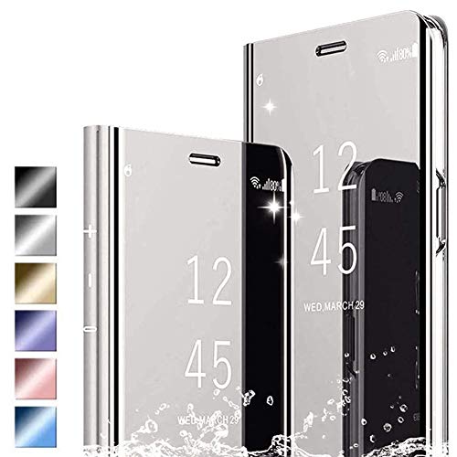 Hikissny Funda Vivo Y20s Cáscara, Ultra Delgado Inteligente Espejo Brillante Funda [Soporte Plegable] Flip Caso Clear View Case Cover para Vivo Y20s, Plata