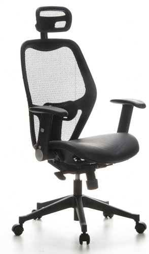 hjh OFFICE 653010 silla de oficina AIR-PORT tejido de malla/piel negro, apoyabrazos plegables, soporte lumbar, apoyacabezas, inclinable, sillón alta gama
