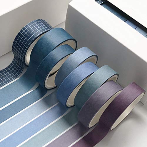 HvxMot Cintas Washi Tape, 8 Rollos Washi Masking Tape Set, Washi Rainbow 3m Cada Rollo, con 1 Caja, para Bricolaje, Decorativo, Diario, Envoltura, Calendarios (Ancho: 10mm, 15mm, Azul Violáceo)