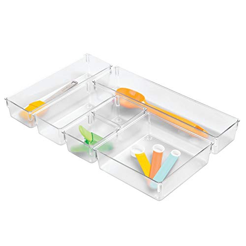iDesign Cajas organizadoras para dividir cajones, separadores de cajones pequeños de plástico, juego de 6 divisores de cajones de diferentes tamaños, transparente