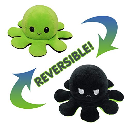 IWBI 1Pcs Lindo Pulpo de Doble Cara Flip muñeco de Pulpo de Felpa, muñeco de Peluche de Pulpo Suave Reversible, Juguetes creativos Coloridos Regalos para niños, Familia, Amigos (Verde + Negro)