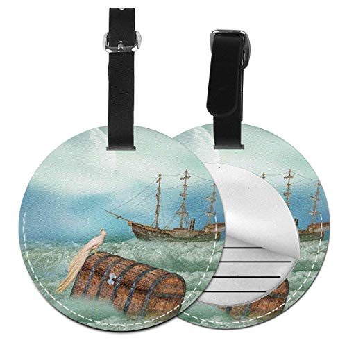 Jard-Baby Viejo tronco antiguo en olas del océano con imagen mágica de barco pirata, etiqueta de equipaje de cuero
