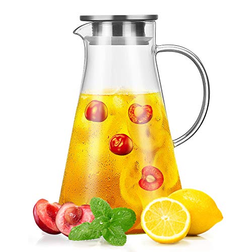 Jarra de vidrio Jarra de agua, Wioslt 1.5L Jarra de agua fría/caliente sin plomo hecha a mano, jarra de jugo, jarra de té helado, tetera de vidrio Jarra de vidrio Jarra de agua, Wioslt 1.5L Jarra de agua fría/caliente sin plomo hecha a mano, jarra de jugo, jarra de té helado, tetera de vidrio