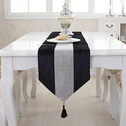 Jian Ya Na Camino de Mesa Hecha a Mano Elegante Estilo Natural Mantel con Tira de Diamantes y Flecos para Bodas y Fiestas, Negro, 320 * 180 cm