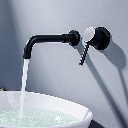 JRUIA - Grifo para lavabo con 2 agujeros de montaje y color negro mate, mango giratorio 360 °, grifo monomando para fijación en pared, fabricado en latón y cromo, alcance de 20,5 cm