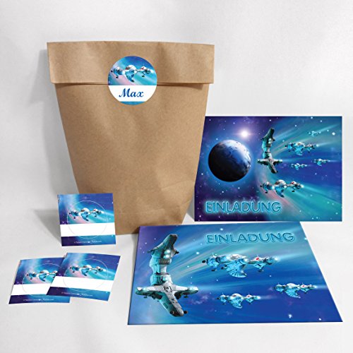 Juego de 12 tarjetas de invitación, sobres, bolsas adhesivas para cumpleaños infantiles, nave espacial espacial (12 tarjetas + 12 sobres + 12 bolsas de fiesta (bolsas con base cruzada) + 12 pegatinas