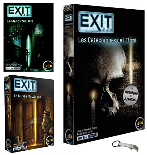 Juego de 3 juegos de Exit – El Manoir Sinistro + el Museo Misterioso + Los Catacombes du Effroi + 1 abridor de botellas Blumie.