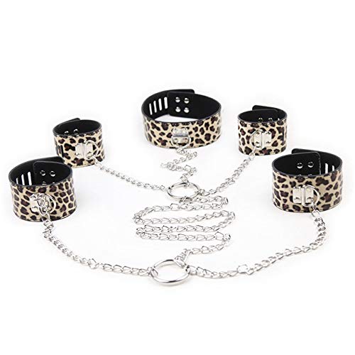 Juego de accesorios de juego para mujer Cadena de leopardo de cuero B`D`S`M Kit de pulsera, collar y collar con correa Juego de accesorios de juego para mujer Cadena de leopardo de cuero B`D`S`M Kit de pulsera, collar y collar con correa