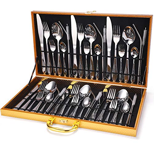 Juego De Cubiertos Flatware Set 6, Pulido Fino Acero Inoxidable, Con Caja De Madera, Incluya Cuchillos, Tenedores, Cucharas Y Paja, Para El Hogar, Hotel, Restaurante (Plata,42pcs) Juego De Cubiertos Flatware Set 6, Pulido Fino Acero Inoxidable, Con Caja De Madera, Incluya Cuchillos, Tenedores, Cucharas Y Paja, Para El Hogar, Hotel, Restaurante (Plata,42pcs)