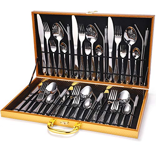 Juego De Cubiertos Flatware Set 6, Pulido Fino Acero Inoxidable, Con Caja De Madera, Incluya Cuchillos, Tenedores, Cucharas Y Paja, Para El Hogar, Hotel, Restaurante (Plata,42pcs)