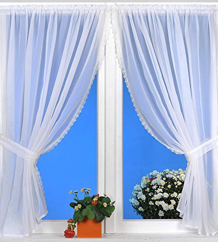 Kamaca Sunny Day - Juego de 4 cortinas para cocina, color blanco con encaje bordado, incluye 2 cortinas y 2 alzapaños (juego de 4 piezas)