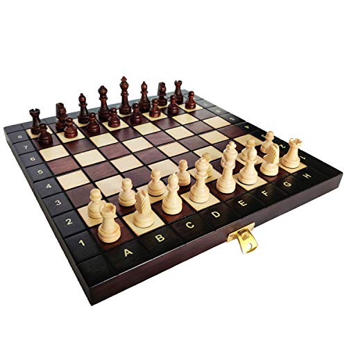 KHAPLO ® – Juego de ajedrez de madera de lujo, versión de viaje, plegable, hecho a mano, 27 x 27 cm, bandeja de juego de viaje, modelo Babylon – marrón – Chess Board – Juego de mesa