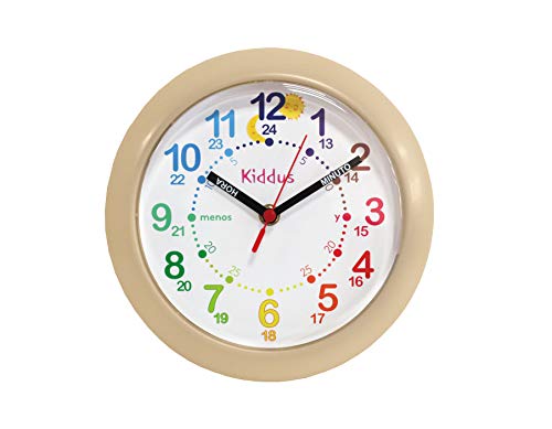 Kiddus Reloj de Pared Infantil para Niñas y Niños - Time Teacher Analógico Relojes para Aprender a Decir la Hora con Nuestro Fácil Sistema - Ejercicios Educativos Incluídos - Mecanismo Silencioso