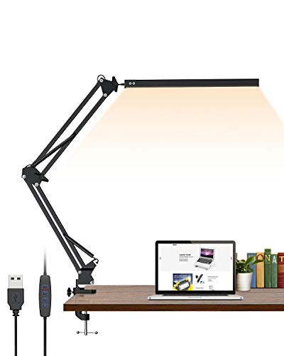 Lámpara de Escritorio,Elekin Lámpara de Mesa Clamp,Lámpara de Escritorio LED Lámpara de Lectura Brazo Oscilante Metal con Abrazadera Eye-Care Lámpara de Mesa de Oficina Regulable 3 Modos 10 Niveles