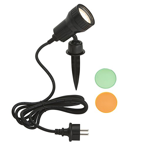 Lámpara de exterior lámpara de jardín, poste, 1 x LED GU10 3 W 250LM, incluye filtro de color naranja, verde, y con estaca pared, cabeza y giro, giratoria, incluye conector Cable 2,0 m, IP44, negro