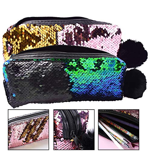 Lentejuelas Bolso de Cosméticos, BETOY 2 pcs Bolso De Lentejuelas Color Doble Sirena Espiral Reversibles Estuche Escolar Moda Bolso para Niñas y Mujeres Rosa Verde