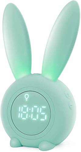 Lindo reloj despertador de conejo Lámpara de Mesita de Noche creativa de mesa Lámpara de cabecera, función Snooze, 6 sonidos fuertes ideal para niños, niñas, recién nacidos, habitaciones(Verde)