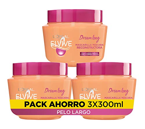 L'Oréal Paris Elvive Dream Long Mascarilla Reconstructora, Para Pelo Largo y Dañado, Pack de 3 Unidades x 300 ml, Total: 900 ml L'Oréal Paris Elvive Dream Long Mascarilla Reconstructora, Para Pelo Largo y Dañado, Pack de 3 Unidades x 300 ml, Total: 900 ml