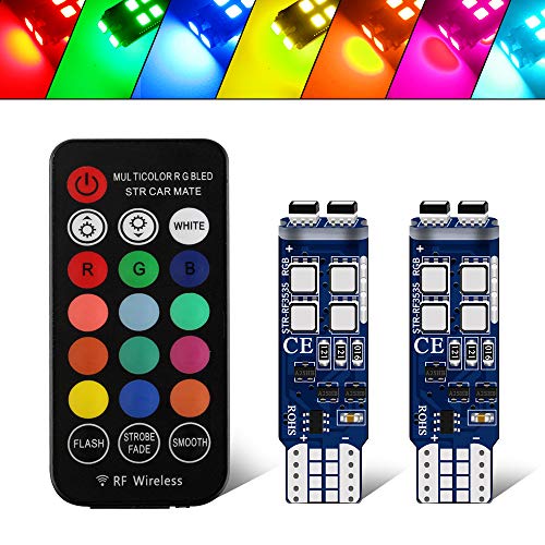 Luces de atmósfera LED RGB 2XT10 de 12V Con Bombillas LED 10-SMD 5050 -Controlador Remoto Inalámbrico W5W 501 Bombillas de luz Interior para Cuña de Automóvil