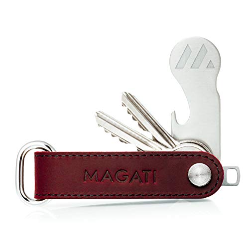 Magati - Organizador de llaves de piel auténtica, acero inoxidable con servicio de llaves, llavero para carro de la compra, abridor de botellas, cuchillo de perfil