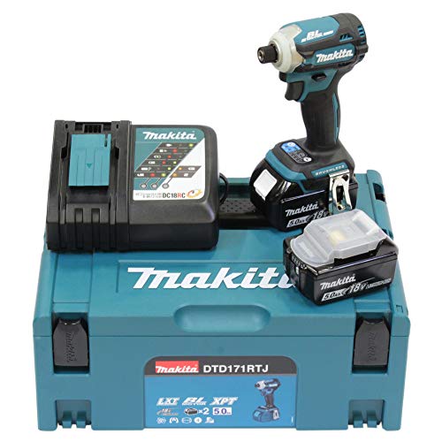 Makita Atornillador de impacto inalámbrico DTD171RTJ de 18 V, 5,0 Ah, 180 Nm, 2 baterías y cargador en MAKPAC