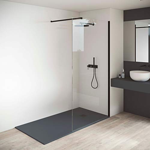 Mampara de ducha fija - Panel fijo - ANTICAL INCLUIDO - Grosor Vidrio Transparente Templado 8mm - Altura 200 cm - Perfil Aluminio Negro (Medida 90 CMS)