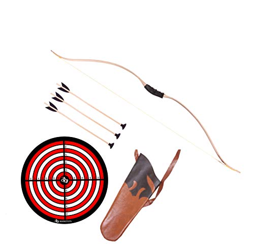 mankitoys Juego de arco para niños de 120 cm con cordón, 3 flechas con ventosa y diana, carcaj, dispositivo deportivo para niños a partir de 14 años, tiro con arco para niños