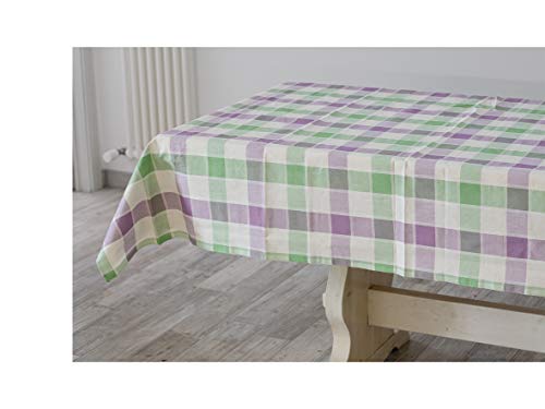 Mantel de algodón 100 % para mesa rectangular de 4/6 plazas, tamaño 140 x 180 cm, diseño a cuadros, blanco, verde y morado
