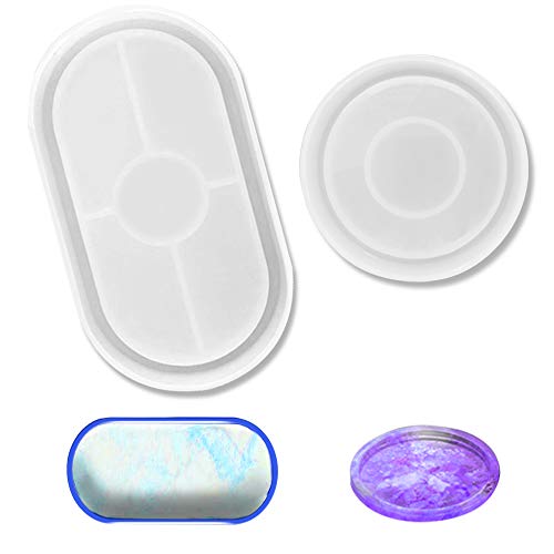 Maxin - Moldes de resina de silicona, 2 piezas de moldes de resina para hacer posavasos, plato de joyería, bandeja, portavelas, soportes para macetas, alfombrilla para cuenco (ovalada + redonda)