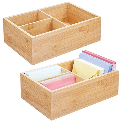 mDesign Juego de 2 cajas organizadoras para oficina – Práctica caja de almacenaje con 3 compartimentos para bolígrafos, sobres, pósits y demás – Moderno organizador de escritorio – color natural