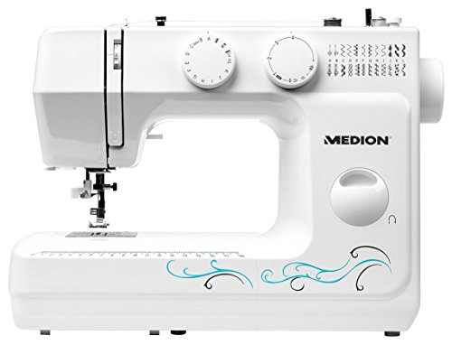 MEDION MD 18205 - Máquina de coser de brazo, potencia de 62 W, 60 patrones, cose, ojal y enhebra, luz de costura LED, botón de retroceso, amplia gama de accesorios, Blanco