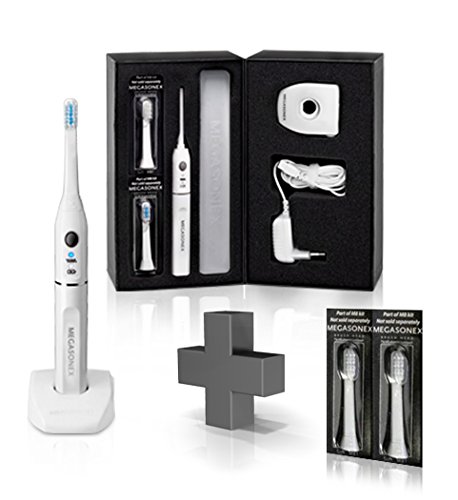 MEGASONEX Juego de cepillos de dientes ultrasónicos M8 con 2 niveles de vibración, incluye 2 cabezales de cepillo medianos