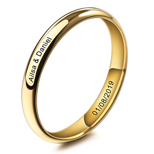 MeMeDIY 3mm Oro Dorado Tono Acero Inoxidable Anillo Ring Banda Venda Alianzas Boda Amor Love Talla Tamaño 20 - Grabado Personalizado