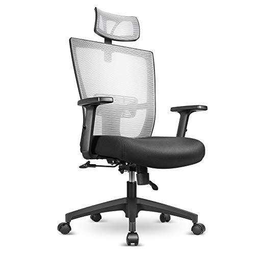 mfavour Silla de escritorio ergonómica con cojín de diseño de malla, función de balancín, reposabrazos, altura del asiento, reposacabezas, carga máxima de 135 kg, color gris
