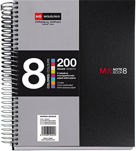 Miquel Rius Basic Polypropylene - Cuaderno de 200 Hojas (franjas de 8 colores), Rayado Horizontal 7 mm, A5, Negro