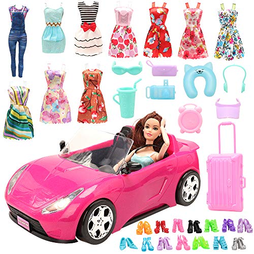 Miunana 30 unidades para muñecas de 28 a 30 cm. 1 coche rosa + 10 vestidos + 10 zapatos + 9 accesorios.