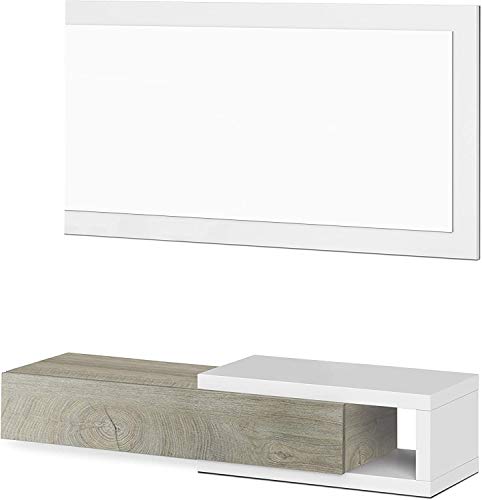 Mobelcenter - Recibidor con Espejo y Cajón - Mueble de Entrada Estilo Moderno - Mueble de Recibidor Color Blanco Artik y Roble Alaska - Medidas: Ancho: 95 cm x Fondo: 26 cm x Alto: 19 cm - (0593)