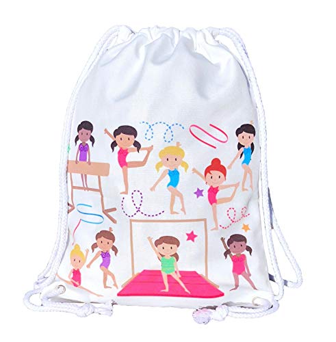 Mochila HECKBO® para niñas, bolsa de ballet de algodón - color blanco, estampada por ambos lados con gimnastas de colores, 40 x 30 cm, también adecuado para clases de gimnasia, el jardín de infancia Mochila HECKBO® para niñas, bolsa de ballet de algodón - color blanco, estampada por ambos lados con gimnastas de colores, 40 x 30 cm, también adecuado para clases de gimnasia, el jardín de infancia