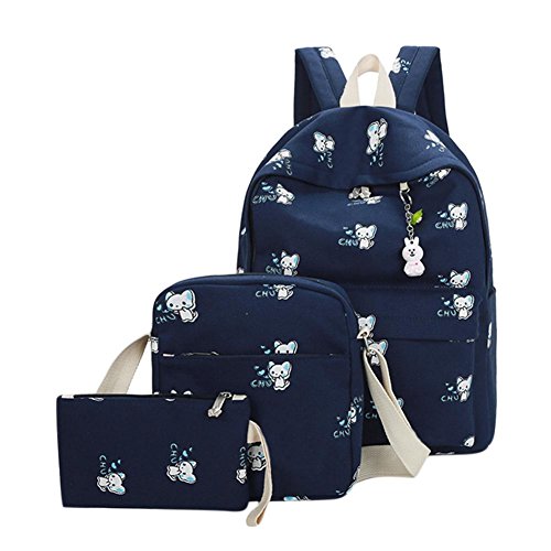 Mochila para niñas, bolso de hombro con bonito diseño de conejo, 3 unidades, bonito estampado de conejo, bolsa escolar (azul oscuro)