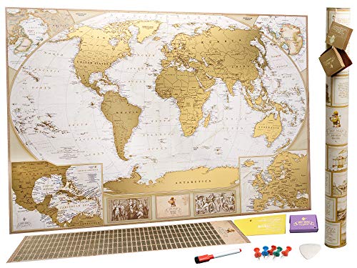 MyMap Mapamundi Deluxe «viaja y rasca» - Para Rascar los Lugares Que Has Visitado – Grande Con Pines - Marca 10 000 Ciudades y Lugares - Mapa para rascar - Rasca el Mundo - Rascar Mapamundi