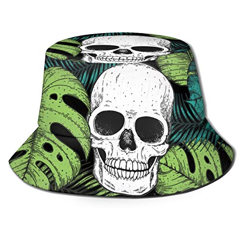 MZZhuBao Cráneo Hojas Tropicales Pescador Sombrero Unisex Impreso Doble Cara Cubo Sombrero Moda Verano Protección Sol Plegable Sombrilla Deportes Al Aire Libre Sombrero