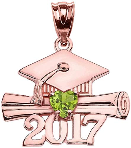 NC110 Colgante de graduación de Clase de 2017 de Color Verde Claro con Piedra Natal de Agosto de corazón de Oro Rosa